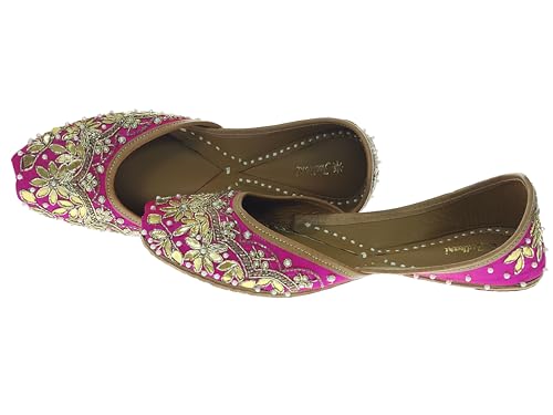 Fulkari Women's GottaPatti Magenta Gold Soft Leather Embroidered Jutis | Bite and Pinch Free Jutti | Punjabi Formal Juttis | Girl's Wedding Flat Ladies Mojari | Formal Ethnic Juti | 36