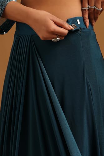 Soch Womens Teal Spandex Embellished Ready To Wear Saree