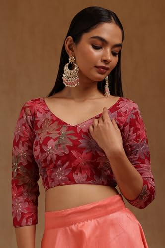 Soch Womens Fuchsia Organza Floral Print Padded Blouse with Zari