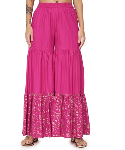 studio rasa Women's Viscose Block Printed Tiered Sharara for Festive Casual Party (BTWC52401XL_Pink_X-Large)