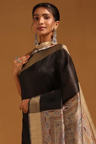 Soch Womens Black Tussar Madhubani Printed Saree