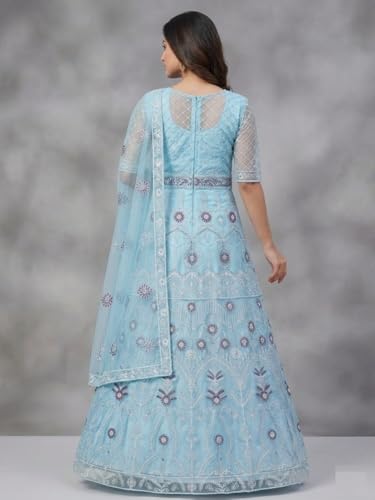 JULEE Women's Net Embroidered Semi-Stitched Gown Kriti Gown Firozi-GEM