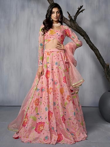 Zeel Clothing Women's Print and Dori Embroidered Organza Designer Lehenga Choli with Dupatta (7074-Pink-Womens-Lehenga-Choli-Latest; Free Size) (Pink)