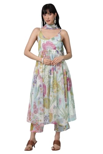 W for Woman Light Blue Floral Printed Gathered Sleeveless Chiffon Kurta with Pants and Dupatta Set (Size: 2XL)-WS12548-125443