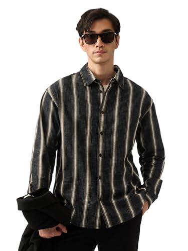 The Souled Store Striped Shirt: Mercury Men and Boys Long Sleeve Spread Collar Charcoal Grey Striped Cotton Blend Lightweight Easy to Style Everyday Office Wear Relaxed Shirt