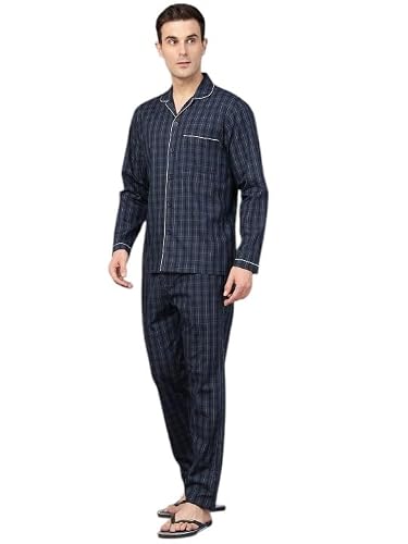 Hancock Men Checked Night Suit Navy Blue Size S
