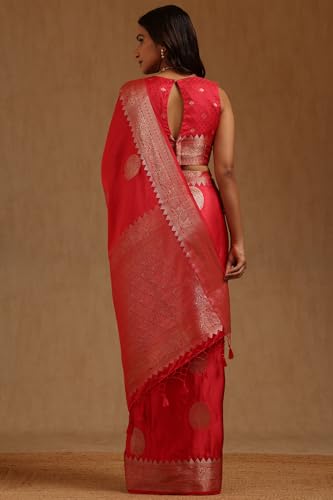 Soch Womens Red Satin Zari Woven Saree