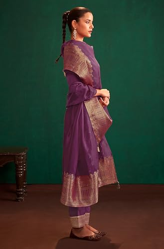 Janasya Women's Purple Organza Jacquard Straight Kurta Set (JAB24ST02276-XL)