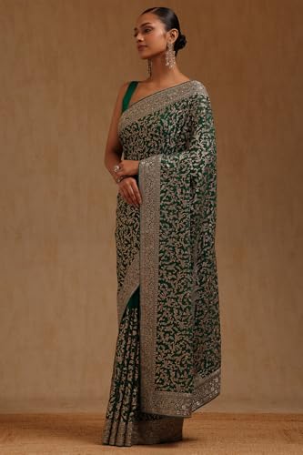 Soch Womens Teal Georgette Embroidered Saree With Zari