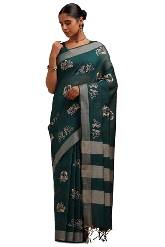 Soch Womens Green Chanderi Warli Print Saree With Thread Work