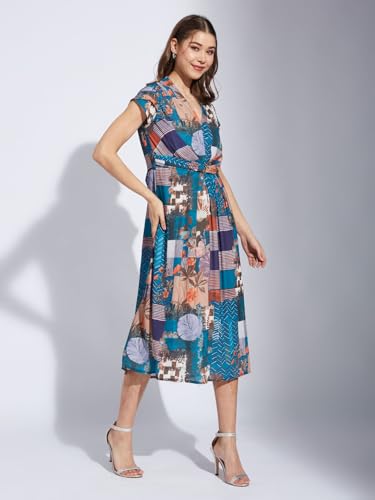 Latin Quarters Women Teal V-Neck Half Sleeve Printed A-Line Dress_L