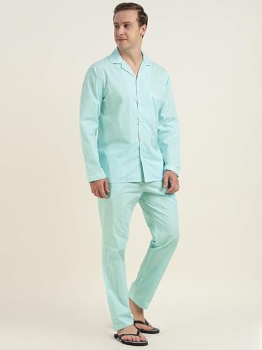 Hancock Men Cotton Checked Relaxed Fit Night Suit Blue Size XL