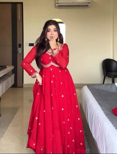 SAMUYA Elegant Red Anarkali Dress with Silver Embroidery, Traditional Indian Wedding Gown, Floor Length Ethnic Wear with Dupatta (in, Alpha, 2XL, Regular)
