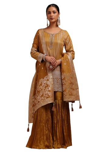 Soch Womens Mustard Tissue Zari Woven Suit Set With Mirror And Stone