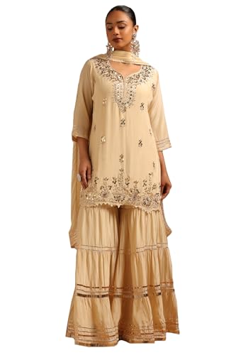 Soch Womens Cream Tissue Floral Printed Salwar Suit With Mirror Work