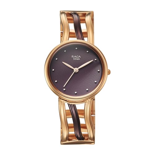 Titan Raga Sierra with Brown Dial Rose Gold&Brown Brass Strap Watch for Women - 95388KM01
