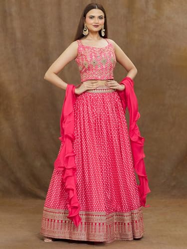 Zeel Clothing Womens Silk Lehenga Choli Semi-Stitched Pink Wedding Bridal Free Size