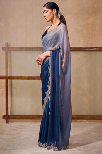 Soch Womens Navy Blue Fendy Satin Ombre Saree With Stone Work