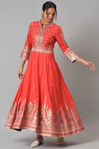Wishful by W Women's Polyester Tomato Red Festive Mughal Gown Ankle Length Dress (22AUS11107-118800