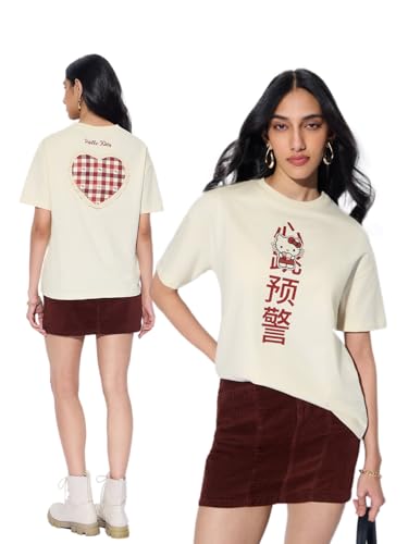 The Souled Store Hello Kitty: Heartbeat Women and Girls Short Sleeves Round Neck Cream Graphic Printed Cotton Oversized Breathable Durable Streetwear T-Shirt
