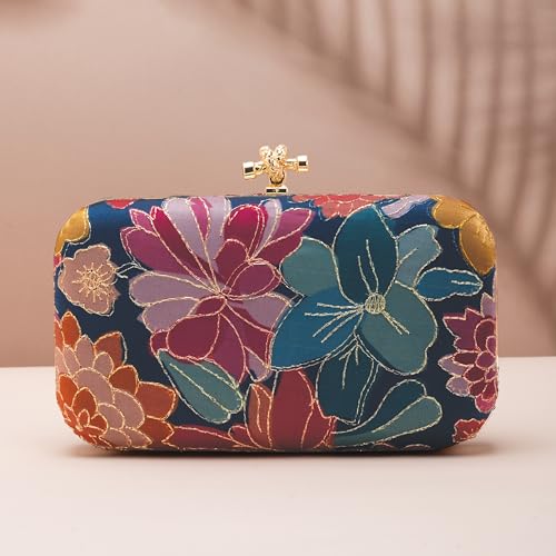 Artklim Blue Pink Floral Printed Fabric Clutch Bag for Women – Stylish Clutch Purse | Hand Clutches for Women | Bridal Clutches for Wedding Latest