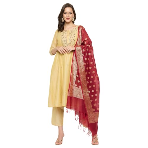 Rangavali Beige Gold Embroidered Festive Anarkali Suit Set | Chanderi Readymade Outfit Kurti, Pant & Banarasi Dupatta for Women | Kurti Set for Ladies | 3 Pcs, M, 34