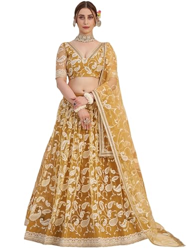 Zeel Clothing Women's Cotton Thread Sequins Work Embroidery Soft Net Lehenga Choli With Dupatta (NFH-2148-Light-Golden-Lehenga-Choli; Free size) (Light Golden)