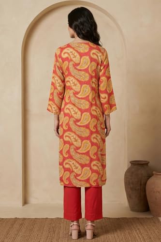 W for Woman Rust Red Paisley Thread Embroidered Modal Straight Kurta - (W14011-127298-XS)
