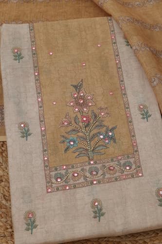 Soch Womens Beige Linen Floral Dress Material With Faux Mirror