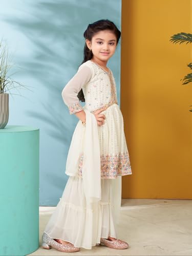 Aarika Girls Ethnic Wear Cream Colour Thread Sequin Embroidery Georgette Kurti Sharara Set (5-11 Years)