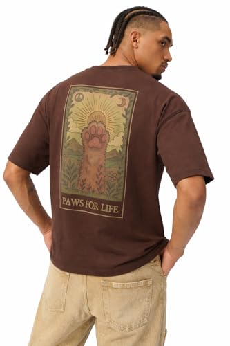 The Souled Store The Happy Pawdcast: Paws for Life Men and Boys Short Sleeves Round Neck Brown Graphic Printed Casual Drop Shoulder Casual Cotton Oversized T-Shirt
