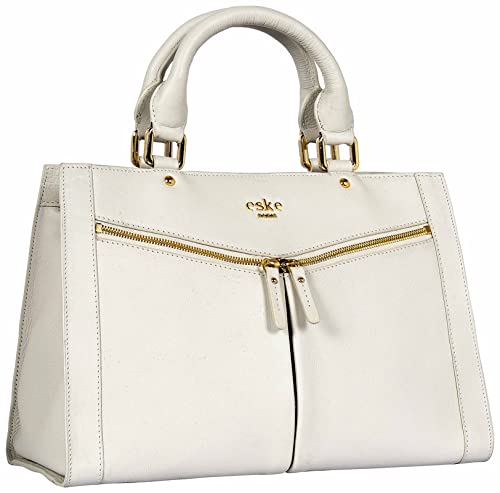 eske Christra - Genuine Leather Handbag - Spacious Compartments - Work and Travel Bag - Durable - Water Resistant - Adjustable Strap - Detachable Adjustable shoulder strap - For Women (Vanilla Cosmos)