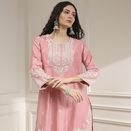 BIBA Women Light Pink Cotton Silk Embroidered Straight Suit Set_42