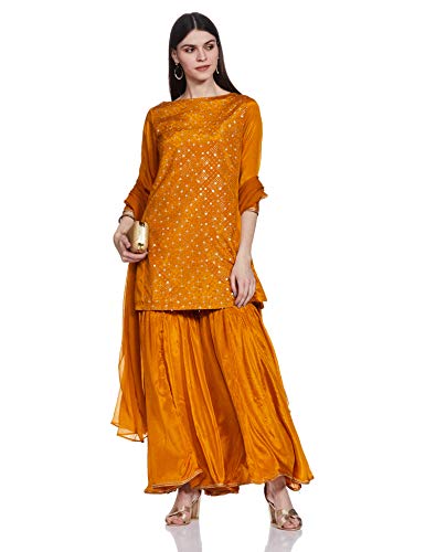 BIBA WOMEN EMBROIDERY FLARED SALWAR KURTA DUPATTA(SKDEMBROIDE6814_OCHRE_42)