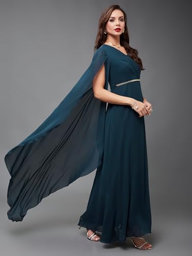 Miss Chase Women's V-Neck Asymmetric Self-Designed Georgette Maxi Dress (MCSS24D97-12-TUE-08, Gulf Teal, 3XL)