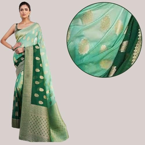 Vardha Women's Banarasi Georgette Saree with Unstitched Blouse Piece - Gold Zari Woven Work Sarees for Wedding (Mahika_679)