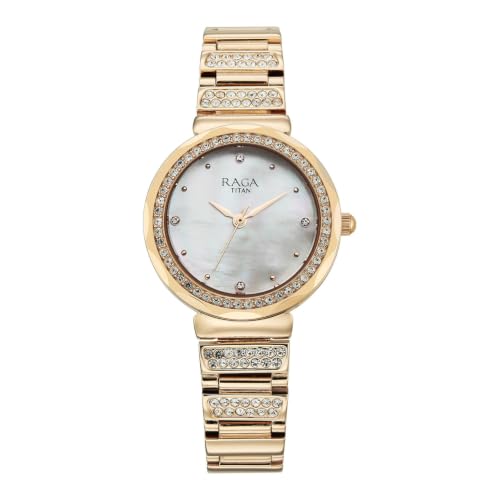 Titan Raga Spotlight 2.0 Quartz Analog 3Hands Display White Mother of Pearl Dial Rose Gold Color Strap Watch for Women - 95419WM01