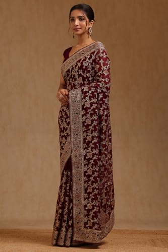 Soch Womens Wine Georgette Embroidered Saree With Stone Work