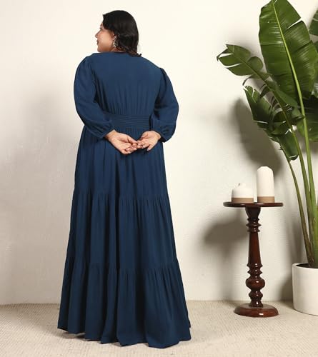 DEEBACO Women's Plus Size Solid Rayon Tiered Maxi Dress|3/4 Sleeve|V-Neck|Casual Trending Stylish Long One Piece Dresses Women Western(DBDRP00002316_4XL_Teal Blue)