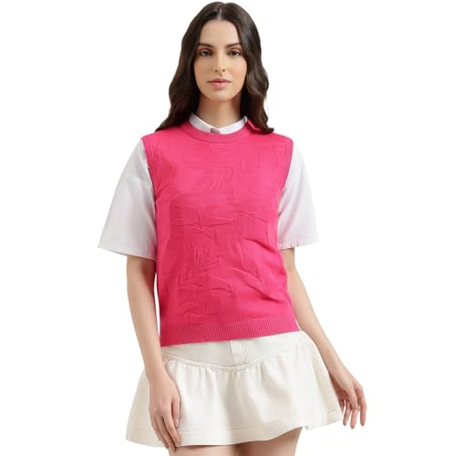 United Colors of Benetton Round Neck Self Design Sweater (Size: S) - 26P1594D108YI02A Pink