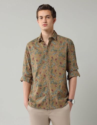 Arrow Sports Men's Floral Slim Fit Shirt (ASAJSH1680_Medium Brown