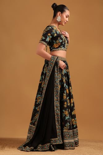 Soch Womens Black Cotton Botanical Lehenga Choli Set With Gotta Patti