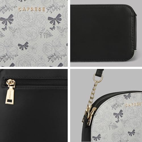 Caprese Scarlet Small Sling Bag for Women with Adjustable Strap | Floral Printed Faux Leather | Multi-Compartment Crossbody Purse | Zipper Closure | Stylish Everyday Bag (Black)
