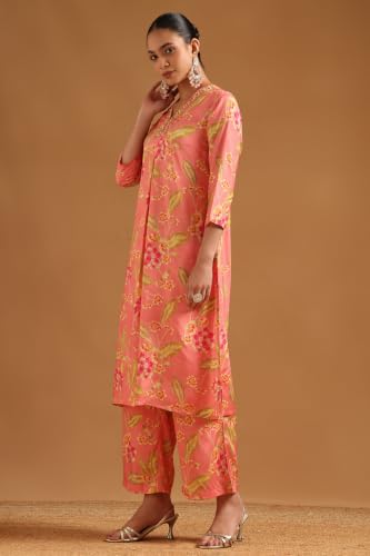 Soch Womens Peach Viscose Botanical Embroidered Co-Ords Set