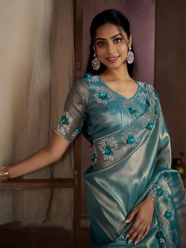 SAREE MALL Women's Teal blue Organza Embellished Saree With Unstitched Blouse (MAHEK926E_MK)