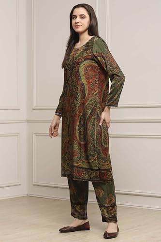 Biba Women Heena Green Polyester Straight Printed Kurta Pants Set_34