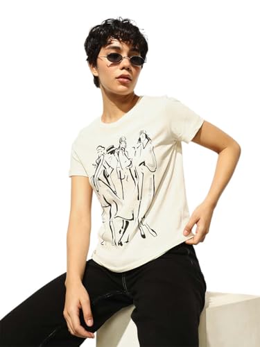 ONLY Women's Regular Fit Off White T-Shirt