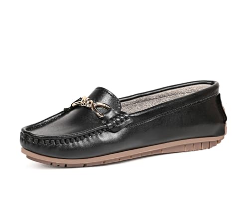 LOUIS STITCH Women's Black Premium Slip-On Loafers with Buckle | Elegant Solid Slip-On Comfort Shoes for Casual and Formal Wear | Slip-On Loafer Shoes for Women | LSLD-BLR-HS02 | UK-5
