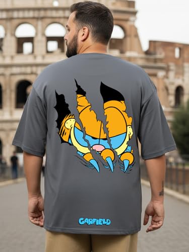 Bewakoof Plus Official Garfield Merchandise Men's Graphic Print Oversized Fit Half Sleeve Round Neck Cotton Plus Size T-Shirt_694208_Grey_5XL