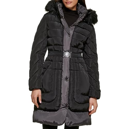 GUESS Women's Belted Hooded Cold Weather Coat, Black, L